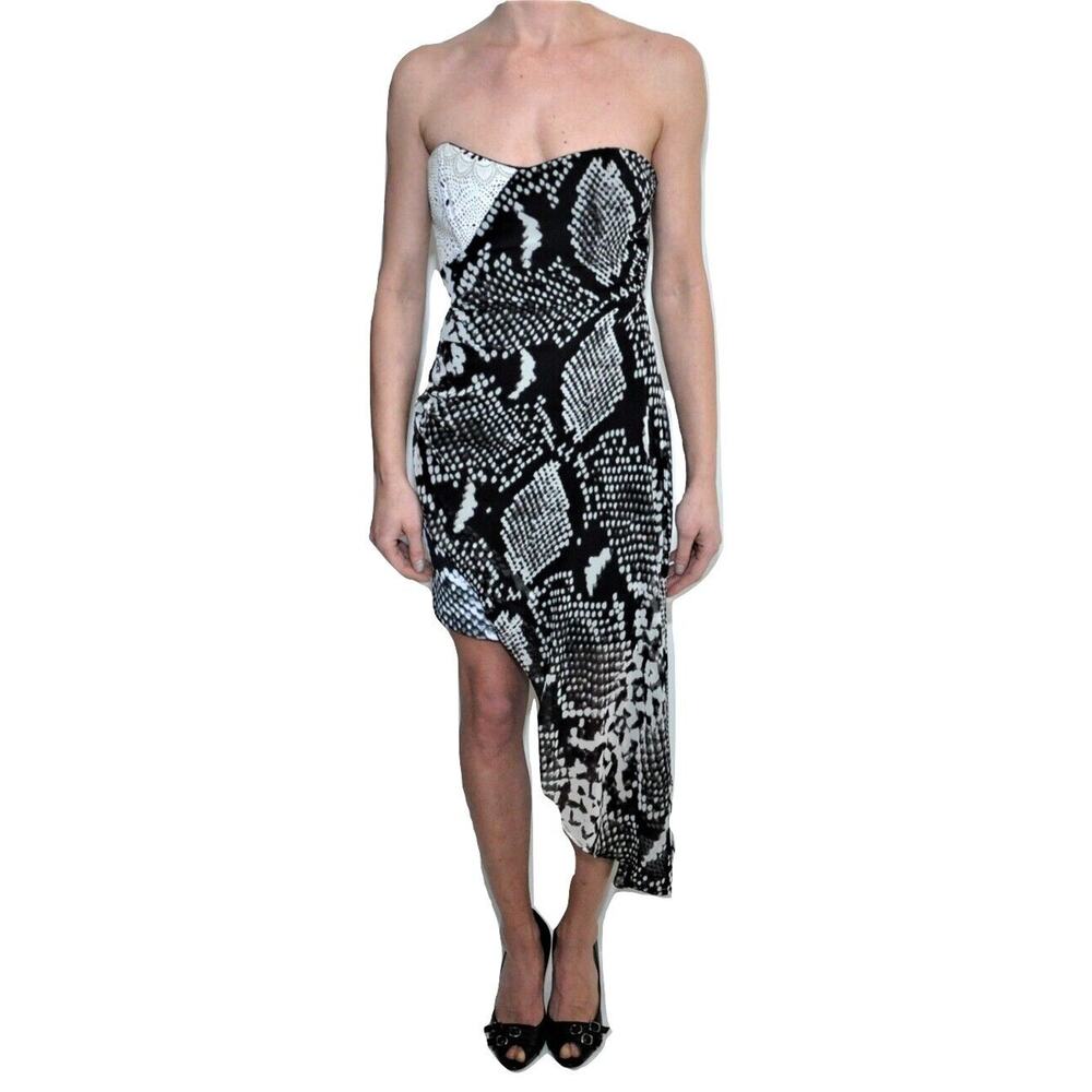 Bebe Addiction Strapless Hi-Low Bodycon Dress with Leather Insert Snake Black XS
